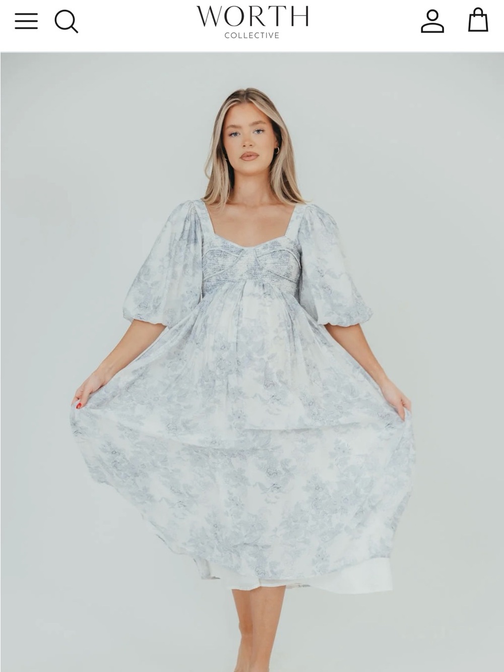 Worth Collective XL Blue Toile Floral Puff Sleeve Dress - Great for baby shower!